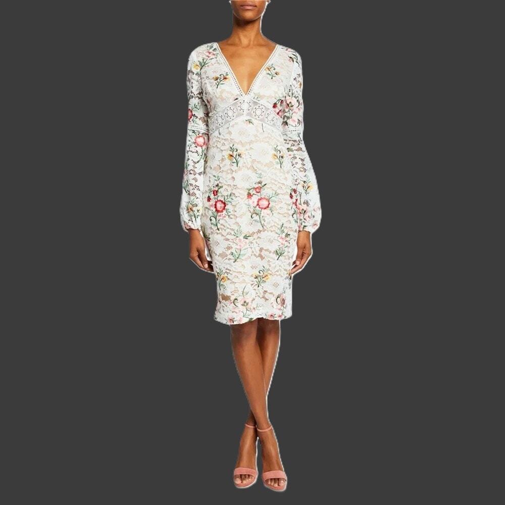 Badgley Mischka Lace Floral Ivory Multi Long Sleeve Pencil Sheath Dress NWT 2